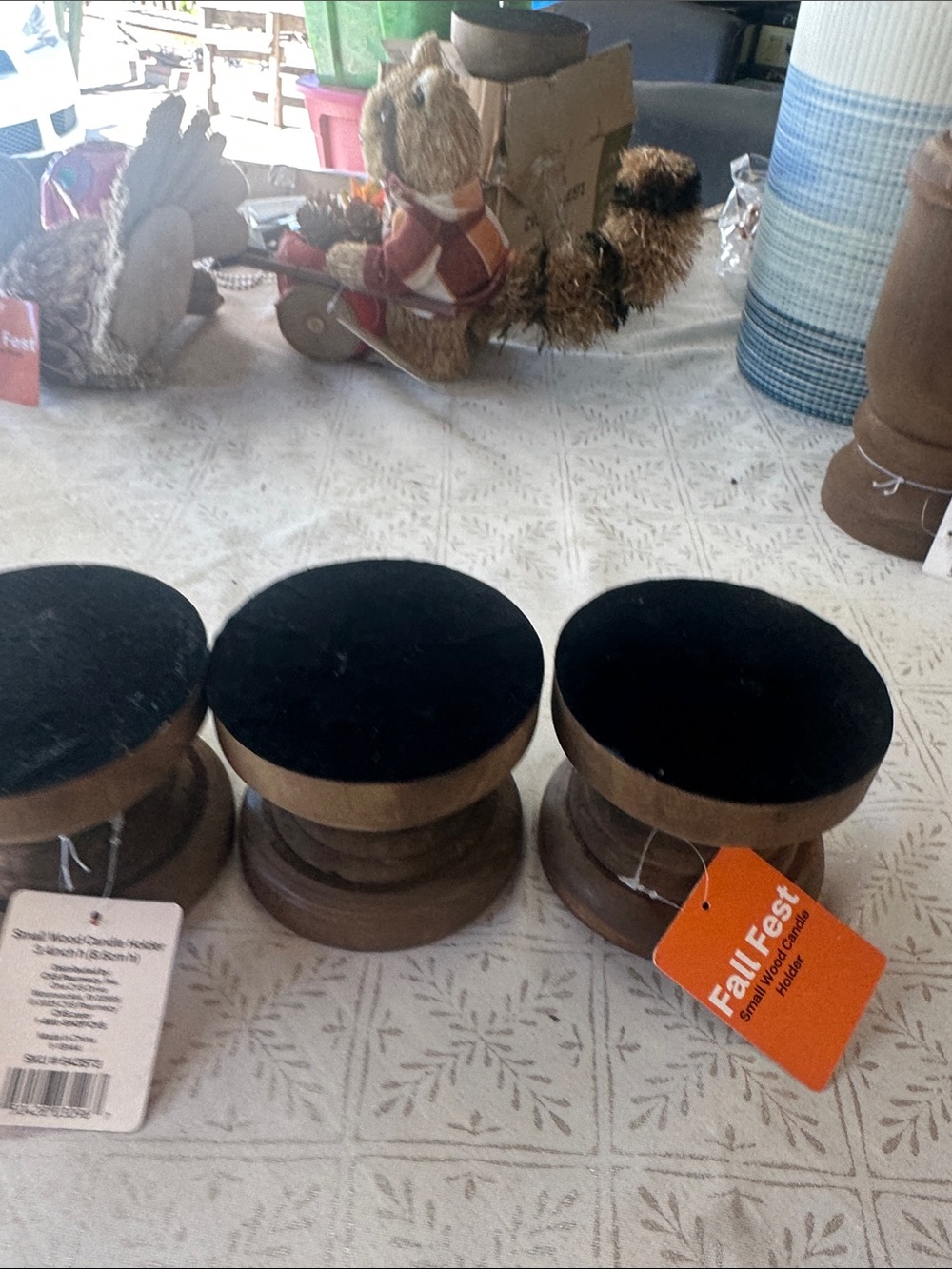 Velvet Top Brown Wood Candle Holders - Set of 3